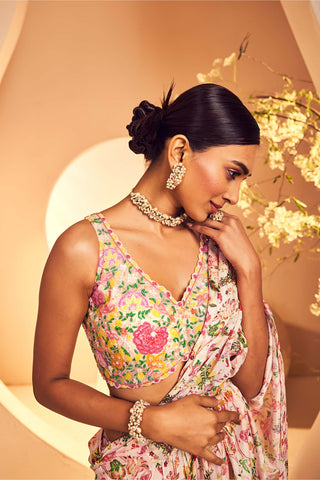 Aneesh Agarwaal-Floral Chintz Layered Pre-Stitched Sari Set-INDIASPOPUP.COM