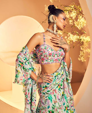 Aneesh Agarwaal-Foliage Printed Layered Pre-Stitched Sari Set-INDIASPOPUP.COM