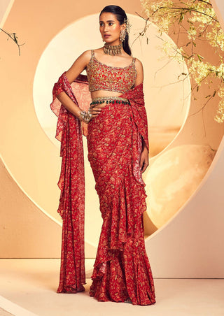 Aneesh Agarwaal-Maroon Pre-Draped Ruffle Sari Set-INDIASPOPUP.COM