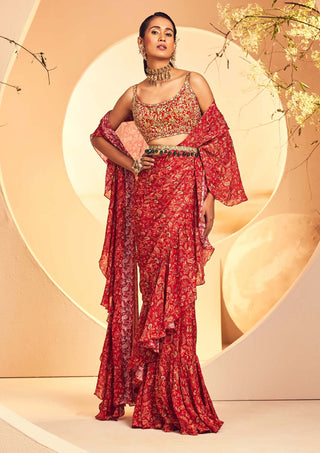 Aneesh Agarwaal-Maroon Pre-Draped Ruffle Sari Set-INDIASPOPUP.COM
