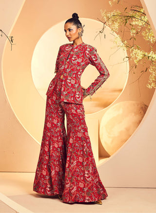 Aneesh Agarwaal-Red Printed Blazer And Sharara-INDIASPOPUP.COM