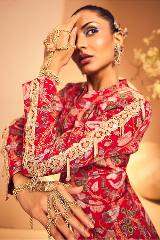 Aneesh Agarwaal-Red Printed Blazer And Sharara-INDIASPOPUP.COM