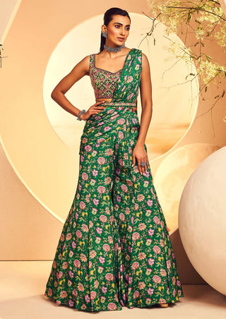 Green printed sharara pre-stitched sari set