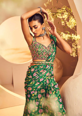 Aneesh Agarwaal-Green Printed Sharara Pre-Stitched Sari Set-INDIASPOPUP.COM