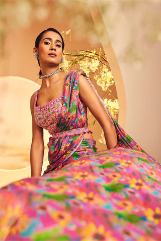 Aneesh Agarwaal-Pink Layered Sharara Sari Set-INDIASPOPUP.COM