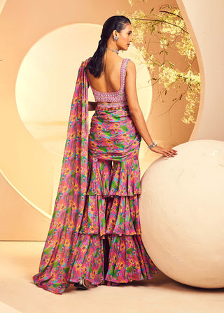 Aneesh Agarwaal-Pink Layered Sharara Sari Set-INDIASPOPUP.COM