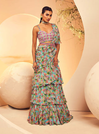 Aneesh Agarwaal-Floral Printed Layered Pre-Stitched Sari Set-INDIASPOPUP.COM