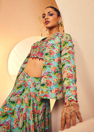Aneesh Agarwaal-Aqua Printed Skirt And Jacket Set-INDIASPOPUP.COM