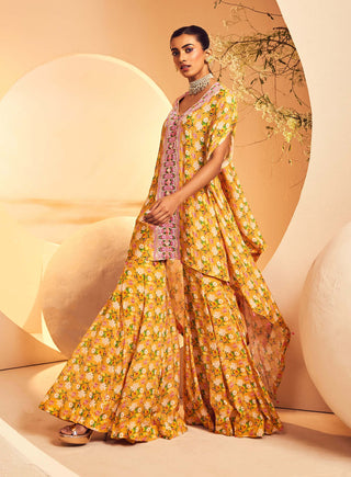 Aneesh Agarwaal-Yellow Floral Kaftan With Sharara-INDIASPOPUP.COM
