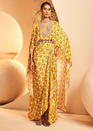 Aneesh Agarwaal-Yellow High Low Top And Draped Dhoti Skirt-INDIASPOPUP.COM