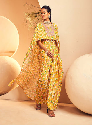 Aneesh Agarwaal-Yellow High Low Top And Draped Dhoti Skirt-INDIASPOPUP.COM