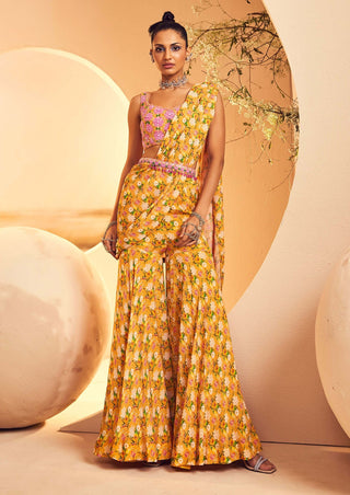 Aneesh Agarwaal-Yellow Layered Sharara Sari Set-INDIASPOPUP.COM
