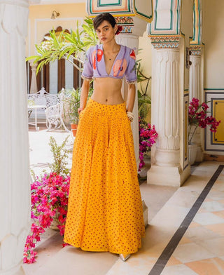 Yellow Vintage Bandhani Skirt And Bralette by The Little Black Bow available on Indiaspopup