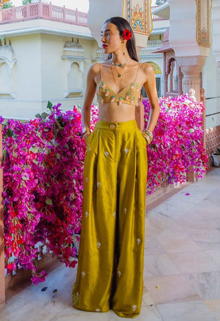 Yellow embroidered bralette and pleated trouser