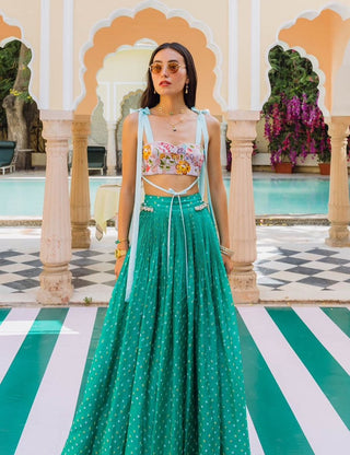 Watermelon Green Bandhani Skirt Set by The Little Black Bow available on Indiaspopup