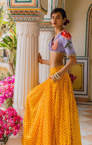 Yellow Vintage Bandhani Skirt And Bralette by The Little Black Bow available on Indiaspopup