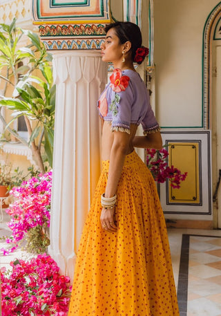 Yellow Vintage Bandhani Skirt And Bralette by The Little Black Bow available on Indiaspopup