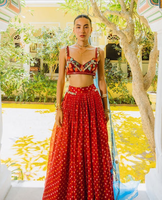 Red silk bandhani skirt set