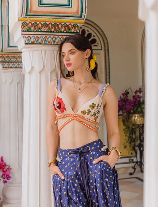 Navy bandhani trousers and bralette