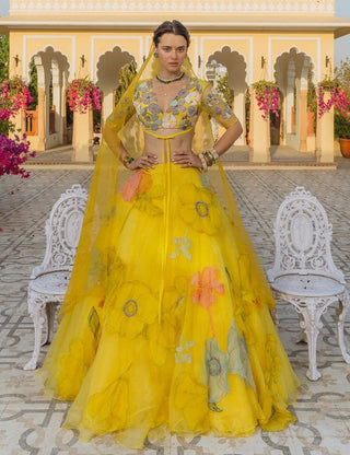 Yellow Organza Floral Lehenga Set by The Little Black Bow available on Indiaspopup