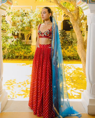 Red silk bandhani skirt set