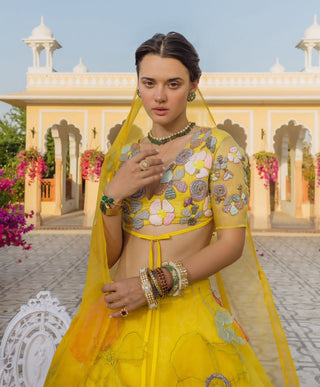 Yellow Organza Floral Lehenga Set by The Little Black Bow available on Indiaspopup