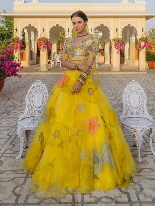 Yellow Organza Floral Lehenga Set by The Little Black Bow available on Indiaspopup