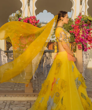 Yellow Organza Floral Lehenga Set by The Little Black Bow available on Indiaspopup