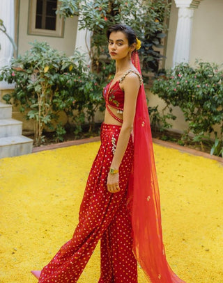 Red embroidered bralette and pleated trouser set