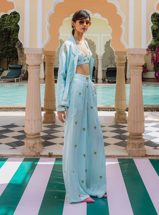 Blue palm bralette, jacket and trousers