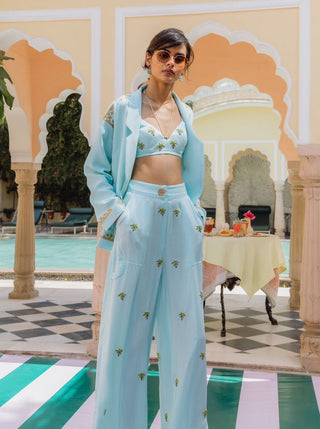 Blue palm bralette, jacket and trousers