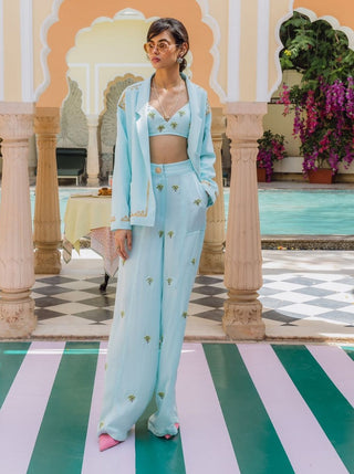 Blue palm bralette, jacket and trousers