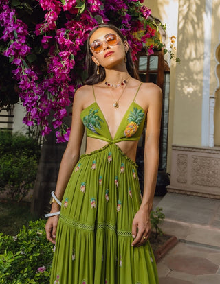 Green resort-style embroidered dress