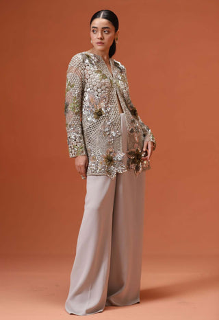 Taali-Silver Soiree Jacket And Pre-Draped Pants Set-INDIASPOPUP.COM