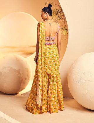 Aneesh Agarwaal-Yellow Layered Sharara Sari Set-INDIASPOPUP.COM