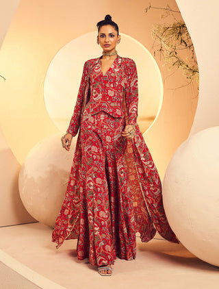 Aneesh Agarwaal-Red Printed Waistcoat And Sharara Set-INDIASPOPUP.COM