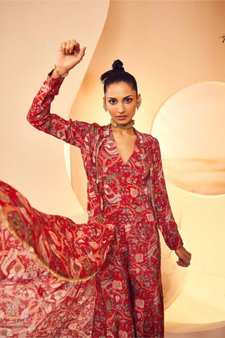 Aneesh Agarwaal-Red Printed Waistcoat And Sharara Set-INDIASPOPUP.COM