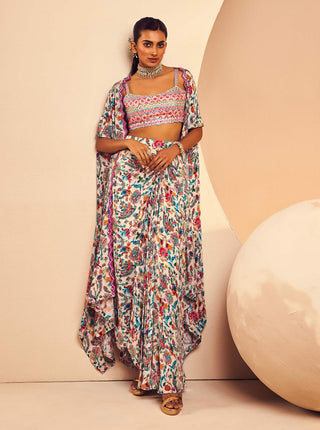 Aneesh Agarwaal-Folk Printed Skirt And Cape Set-INDIASPOPUP.COM