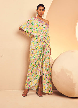 Aneesh Agarwaal-Floral Printed Draped Dress-INDIASPOPUP.COM