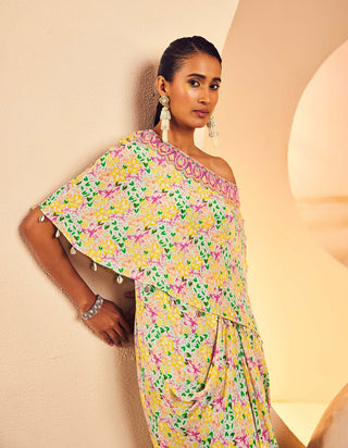 Aneesh Agarwaal-Floral Printed Draped Dress-INDIASPOPUP.COM