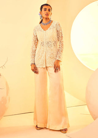 Ivory embroidered jacket and flared pant set