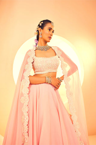 Aneesh Agarwaal-Salmon Pink Embroidered Cape And Skirt Set-INDIASPOPUP.COM