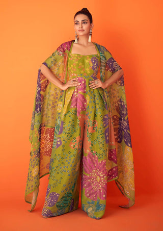 Taavare-Green Printed Jumpsuit And Cape-INDIASPOPUP.COM