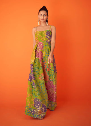 Taavare-Green Printed Jumpsuit And Cape-INDIASPOPUP.COM