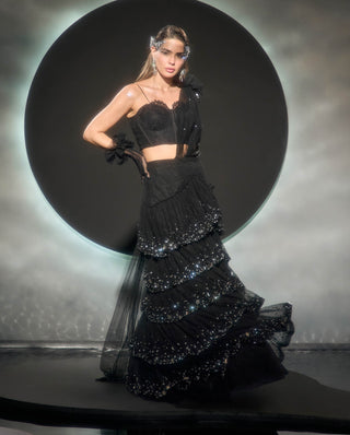 Noctelle black drape sari and bustier