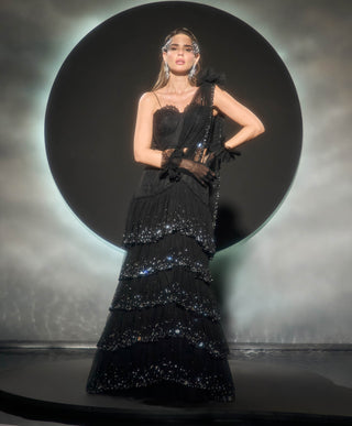 Noctelle black drape sari and bustier