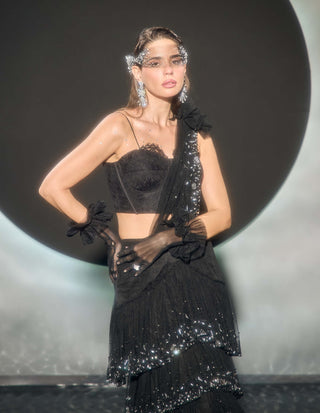 Noctelle black drape sari and bustier