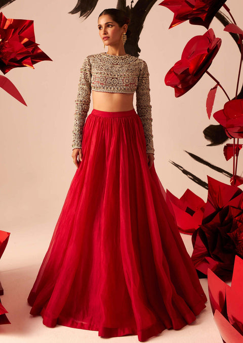 Retro Red Floral Embroidered Lehenga Set