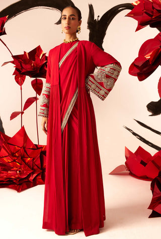 Bhumika Sharma-Retro Red Jacket And Sari Set-INDIASPOPUP.COM