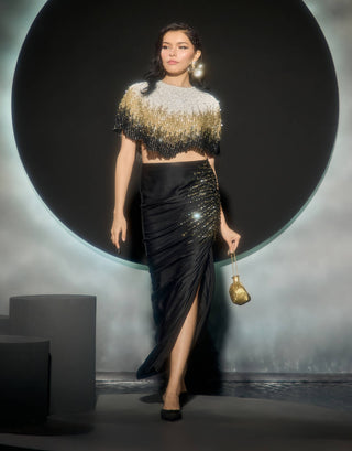 Blaze black embroidered cape and drape skirt set